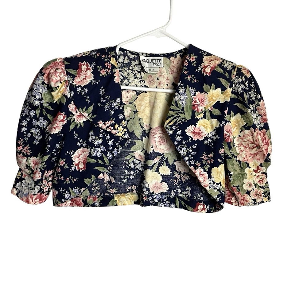 Vtg 80s Paquette Too Womens Cottagecore Shrug Jacket‎ 12 Navy Floral Puff Sleeve